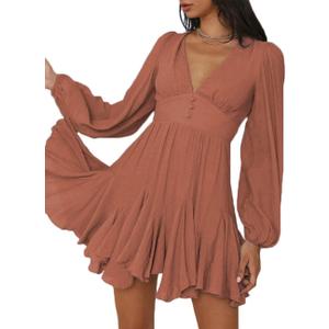 Lantern Long Sleeve Flowy Summer Backless Mini Sundress for Women 2023 Casual V Neck Cut Out Empire Waist Skater Dresses (Brown, S)