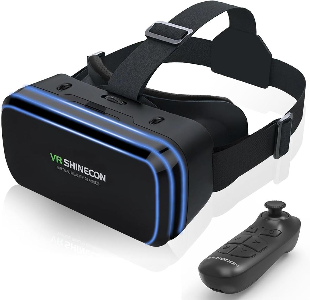 VR Headset for Smartphones with Bluetooth Controller, 4. 7-7-inch Aspheric Optical HD Lens Mobile VR HeadsetAdjustable Focusand and Eye Width,Good Heat Dissipation