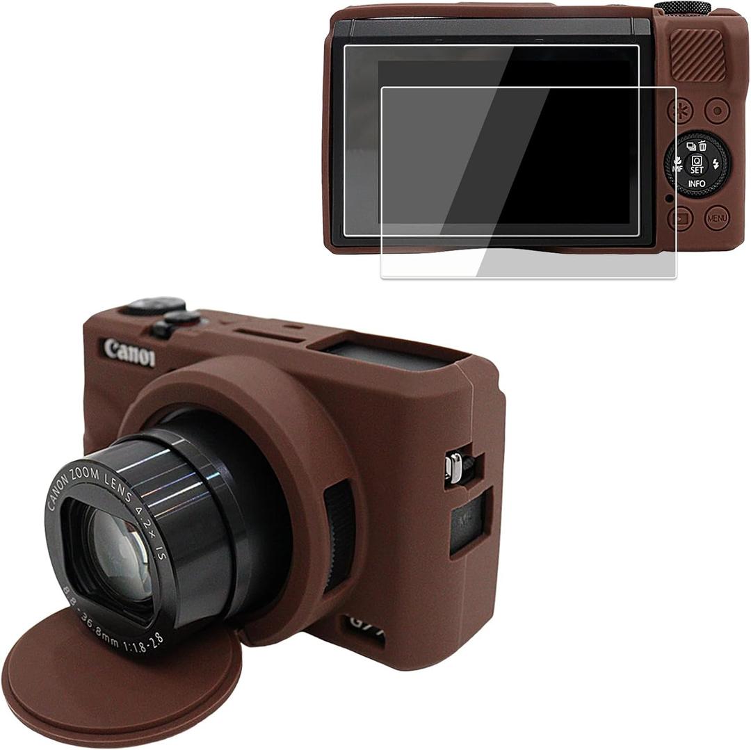 VOVMOEYA Camera Case for Canon Powershot G7 X Mark III with 2PCS Screen Protector,Full Pritection Soft G7X III Silicone Case Detachable Lens Cover Protective Cover for Canon G7XIII G7X3-Brown