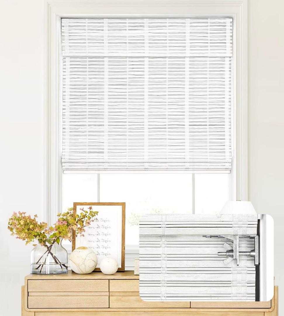 LazBlinds No Tools No Drill Cordless Bamboo Roman Shades, Light Filtering Window Treatment, Roll Up Bamboo Blinds for Windows 39'' W x 64'' H, Whitewash T