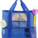 Large Mesh Beach Tote Bag, 9-Pocket Foldable Summer Vacation Beach Bag for Travel, Pool, Gym, Cruise