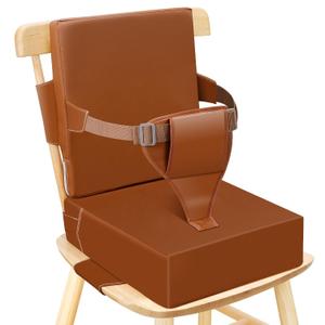 Toddler Booster Seat for Dining Table Kitchen Chair, Waterproof Non-Slip with Backrest & Adjustable Straps, Portable PU Travel Baby Kids Booster Seat Cushion (Dark Brown)
