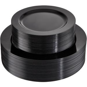 FLOWERCAT 100PCS Black Plastic Plates - Heavy Duty Black Disposable Plates for Halloween Party/Birthday/Wedding/Father's Day- serve 50guests 10 inch and 7 inch Set