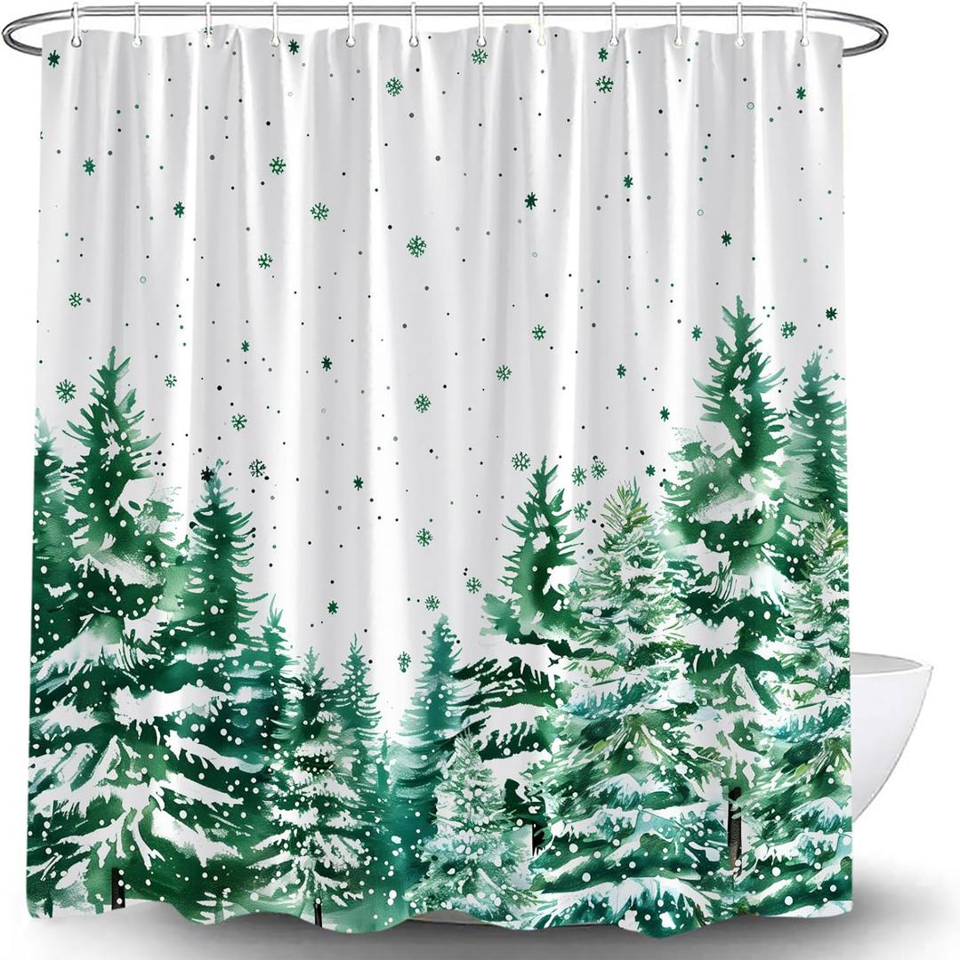 Winter Christmas Forest Shower Curtain Pine Tree Snowflake Misty Snowy Jungle Xmas Tree Snow Scene Rustic Holiday Nature Scenery Fabric Bath Curtain with Hooks