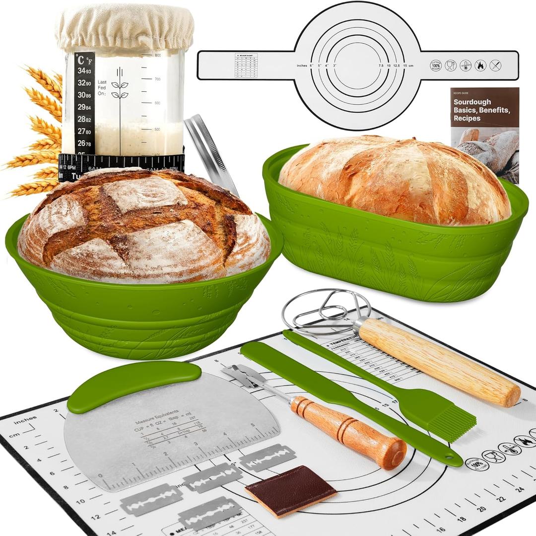 Sourdough Starter Kit with Jar  Complete Sourdough Bread Baking Supplies for Beginners, Includes 2 Silicone Proofing Baskets Baking Mat Sour Dough Kit - Green (34 oz with Mat & Sling)
