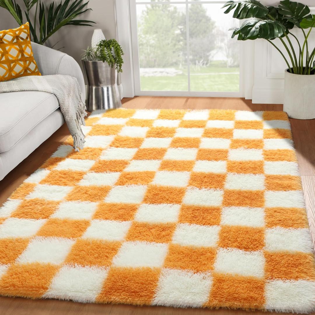 KICMOR 4x6 Rugs for Bedroom Living Room, Orange and Cream White Fluffy Fuzzy Checkered Shag Area Rug Shaggy Bedside Carpet, Furry Plush Soft Rug for Kids Boys Girls Room Nursery Playroom Home Decor (4' x 6', Orange / White)