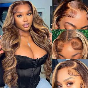 13x6 Highlight Ombre Lace Frontal Wigs Human Hair 4/27 Honey Blonde 180% Density Body Wave Wig for Women HD Transparent Lace Front Wig with Highlights Colored Glueless Wigs Human Hair 24 Inch