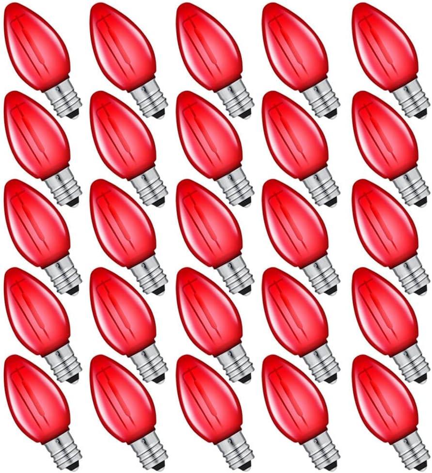 25 Pack Replacement C7 Light Bulbs for E12 Base Christmas String Lights, Classic Christmas Bulbs for Holiday Party Indoor Outdoor Garden Backyard Cafe Xmas Decoration, Red