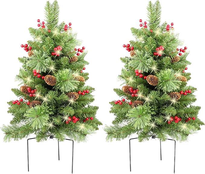 HomeKaren Christmas Tree 24 inch Prelit 2 Set Pathway Porch Christmas Trees Pre-Light LED Battery Operated Outdoor Xmas Decor for Entrance Driveway, Yard, Garden, Red Berries, Pine Cones
