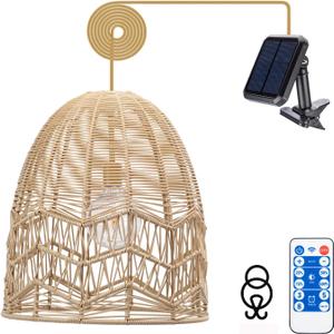 Ranttan Outdoor Chandelier, 15" Outdoor Pendant Lights Rattan Solar Hanging Lights Large Rattan Ceiling Light with Remote 4 Modes Lighting Waterproof Lighted for Garden Porch Patio Kitchen, Nature
