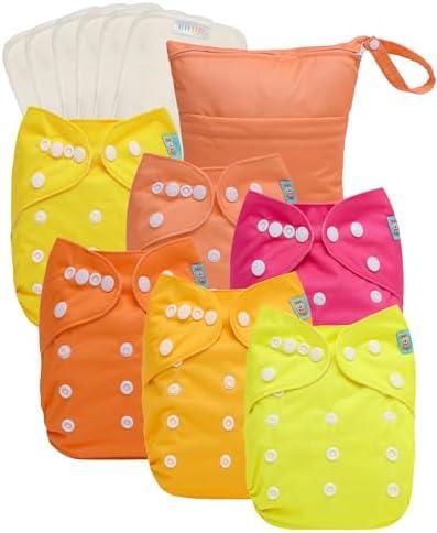ALVABABY 2.0 AWJ Lining Cloth Diaper with Tummy Panel for Babies, 6 Pack Diapers and 6 Inserts with One Wet Dry Bag, Adjustable Washable Reusable for Baby Girls and Boys 6WJT01A-L