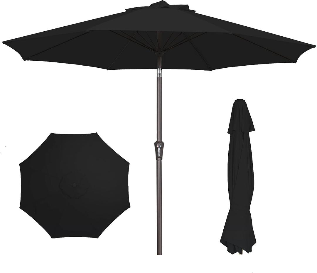 PatioKingdom 9FT Patio Outdoor Umbrella-UPF 50+ Sun Shade with Wind Vent, Push-Button Tilt & Smooth Crank Lift, Rust-Resistant Fiberglass Frame for Garden, Backyard,Yard (Black)