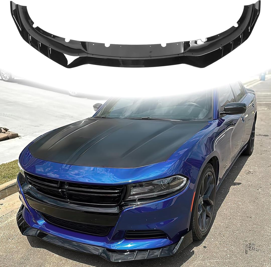 Front Lip Compatible with 2015-2023 Dodge Charger Speed Style Front Bumper Lip Spoiler ABS Air Chin Body Kit AMPP Splitter 3 Stage Design (Gloss Black)
