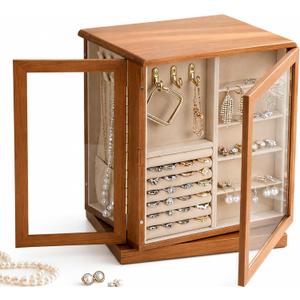 Clasin Home 5 Layer Jewelry Box 360 Rotating, Large Jewelry Organizer for Women with Glass Window for Ring Earrings Necklace Bracelet, Durable Solid Wooden Jewellery Box Vintage Style for Gifts