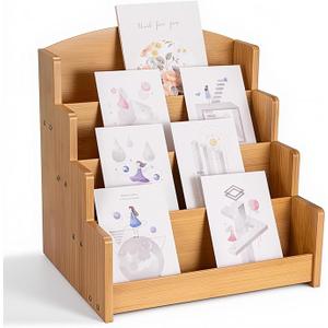 Homevany Bamboo Greeting Card Display Stand Holder - 4-Tier Sticker Organizer Rack, Trading Card Holder Retail Photos Shelf for Vendors Craft Collection & Show