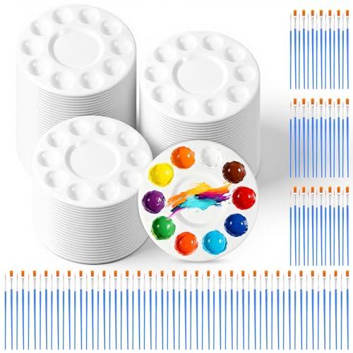 150 Pcs Painting Brushes Palettes Set, Including 50 Painting Palettes with 10 Wells, 100 Small Paint Brushes (Flat/Round), Nylon Brush Head, Paint Supplies for Acrylic Oil Watercolor Canvas Art DIY