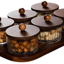 Round Glass Snackle Box Container Snack Organizer and Fruit Platter with Acacia Wood Lids and Tray Divided Serving Tray for Nuts Candy Dry Fruits (6 Jars)