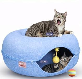 MeowMates Peekaboo Cat Cave Donut Bed for Multiple Cats Upto 45lbs, 3-in-1 Large Cat Tunnel & Donut Bed Combo w Round Tunnel Scratcher for Indoor Cats, Hanging Toy, Washable & Detachable