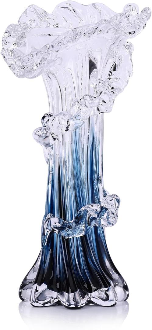 Hand Blown Blue Glass Vase, Unique Art Beautiful Ocean Glass Vase for Home Centerpiece, Coffee Table, Living Room, Office Decor - 9.8" H (Medium)