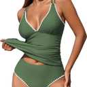 ZAFUL Womens Tankini Swimsuits V Neck Push Up Swim Top Color Block Tummy Control High Waisted Bathing Suits Swim Bottom (Small)