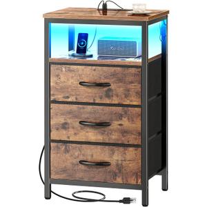 Huuger Night Stand with Charger Station and LED Lights, 3 Drawer Nightstand, Bed Side Table with Open Shelf, End Table, Tall Fabric Dresser for Bedroom, Rustic Brown (11.8"D x 15.7"W x 27.6"H3 Drawers)