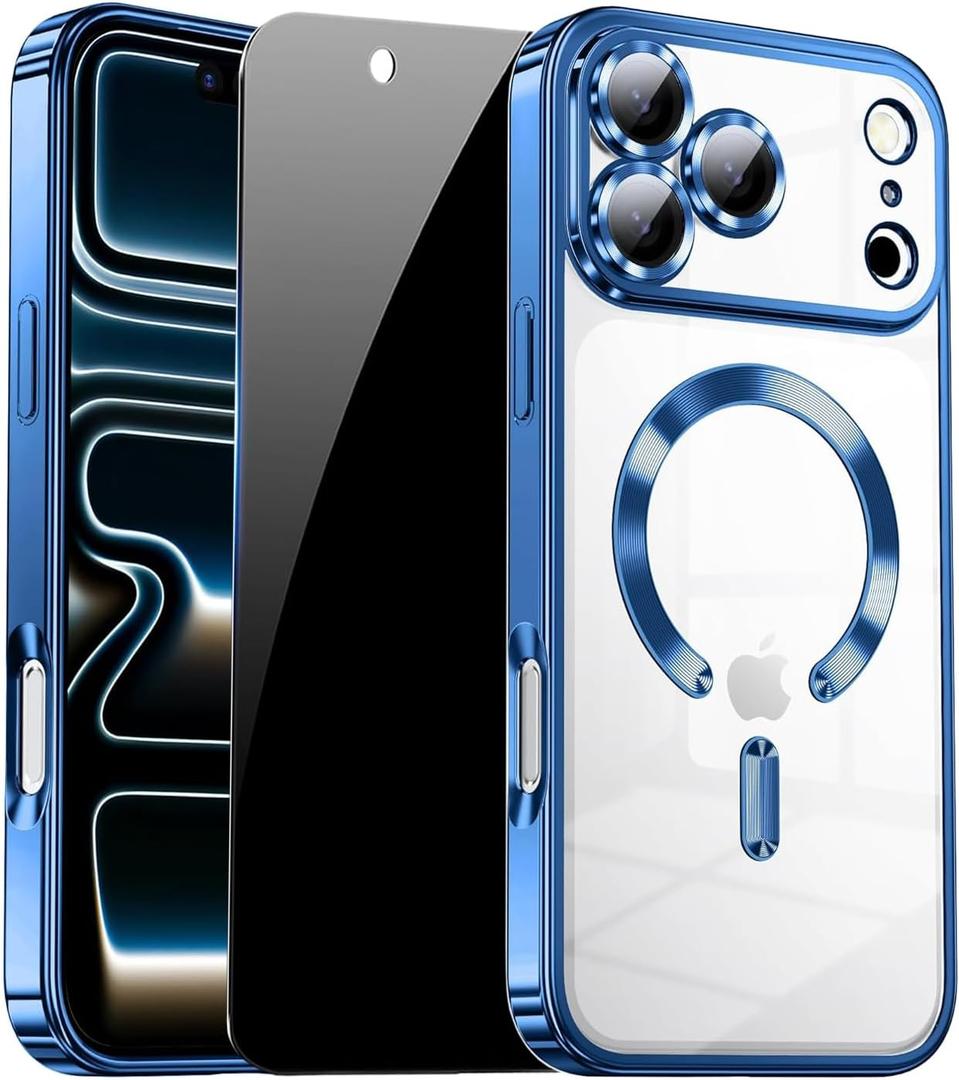 for iPhone 17 Pro Case with Privacy Screen Protectors [Non-Yellowing] Shockproof Slim Metallic Glossy Luxury Cover for Girl Women Men Cases Phone Case for iPhone 17Pro Cover-Blue