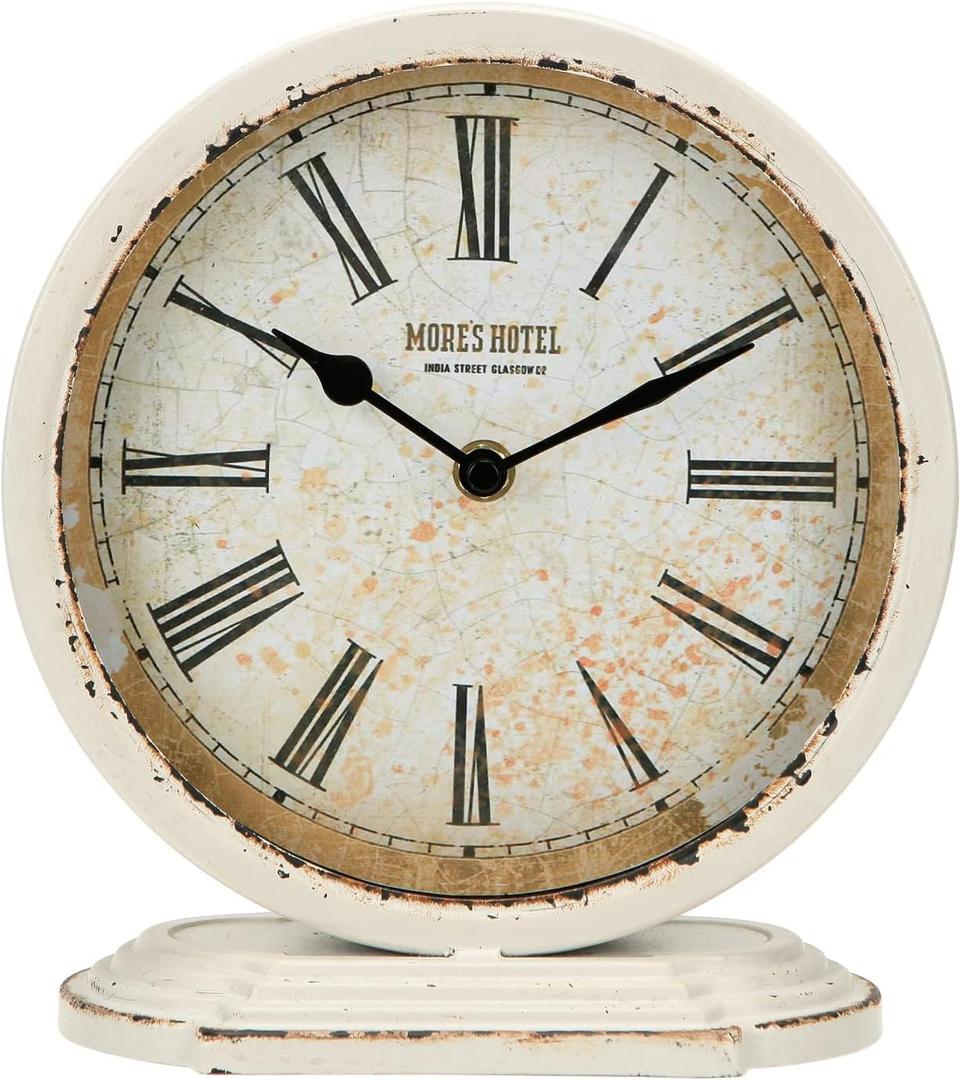NIKKY HOME Vintage Table Clock, Large Metal White Table Clocks Retro Non-Ticking Desk Clock Antique Desk Clocks for Bedroom Living Room for Decor