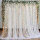 PARTISKY 10x8ft White Tulle Backdrop Curtain with Lights String for Parites, Sheer Backdrop Curtains for Wedding Baby Shower Birthday Party Photo Shoot Decorations (10ft x 8ft(2 Panels 5*8ft))