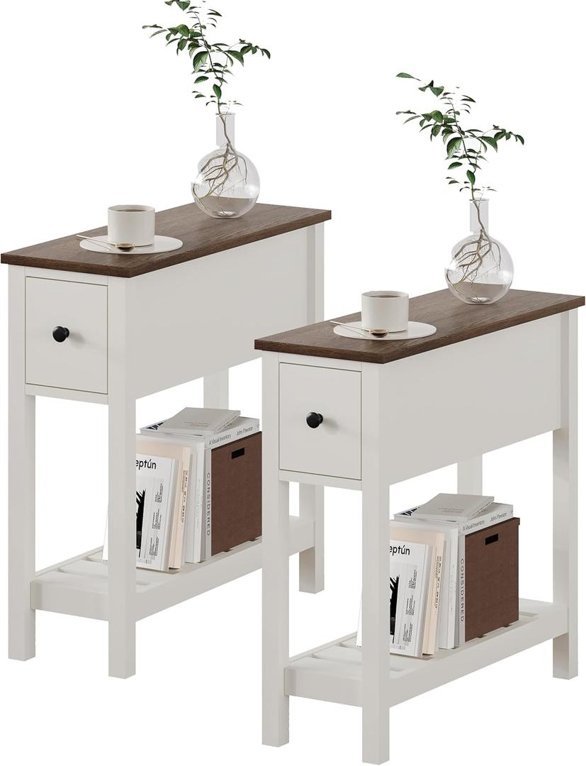 ChooChoo Narrow End Table, Small Side Table for Small Spaces, Slim End Table with Drawer, Narrow Nightstand Bedside Table for Living Room Bedroom, White, 2 Pack