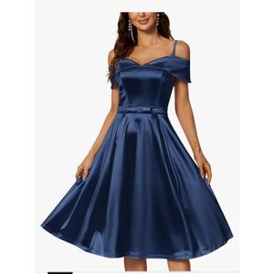 A Line Satin Wedding Party Dress for Women, Off Shoulder Tea-Length Formal Evening Gown with Pocket, M