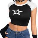 Verdusa Women's Y2k Clothes Crop Top Star Print Colorblock Short SleeveT Shirts Tee, M