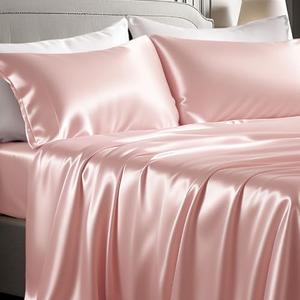Bedsure Pink Satin Sheets Queen Size - 4 Piece Silky Bedsheets with 15 Inches Deep Pocket Fitted Bedsheet,1 Flat Sheet, 2 Satin Pillowcases, Good for Hair & Skin (Queen, Peach Pink)