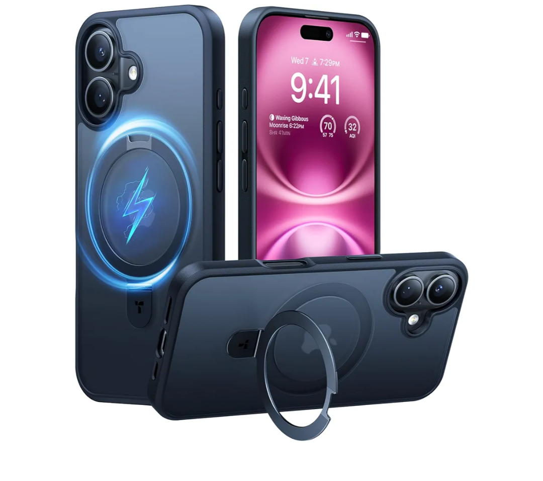 TORRAS Magnetic for iPhone 16 Case with Stand, Built-in Stand Compatible with MagSafe, 3X Military-Grade Protection, Translucent Slim Phone Case for iPhone 16 6.1'', Matte Black