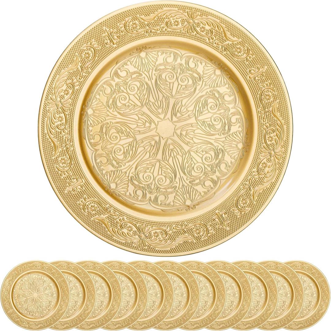 12 Pack Gold Charger Plates, 13 Inch Gold Round Chargers for Dinner Plates, Decorative Dinner Chargers, Antique Plastic Table Charger and Service Plates for Wedding Holiday Party