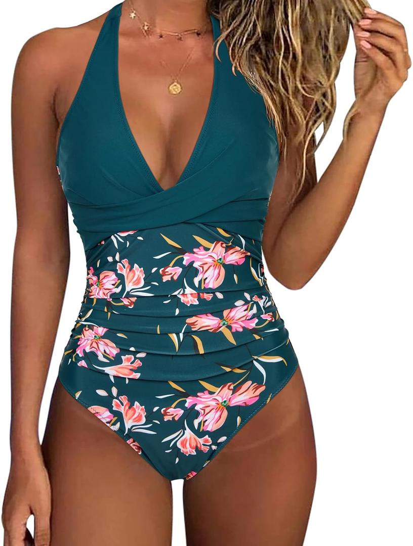 SUUKSESS Women Sexy Tummy Control One Piece Swimsuits Halter Push Up Bathing Suits (Large, Peacock Blue Floral)