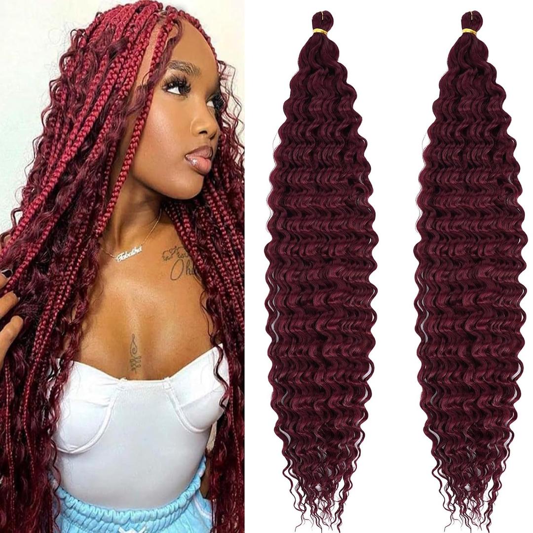 Wine Red Boho Curly Braiding Hair Pre Stretched Deep Ocean Wave Crochet Hair Boho Braids 24 Inch 2 Packs Synthetic Havana Curls Wavy Braiding Hair 99j Bohemian Crochet Braids Hair Extensions
