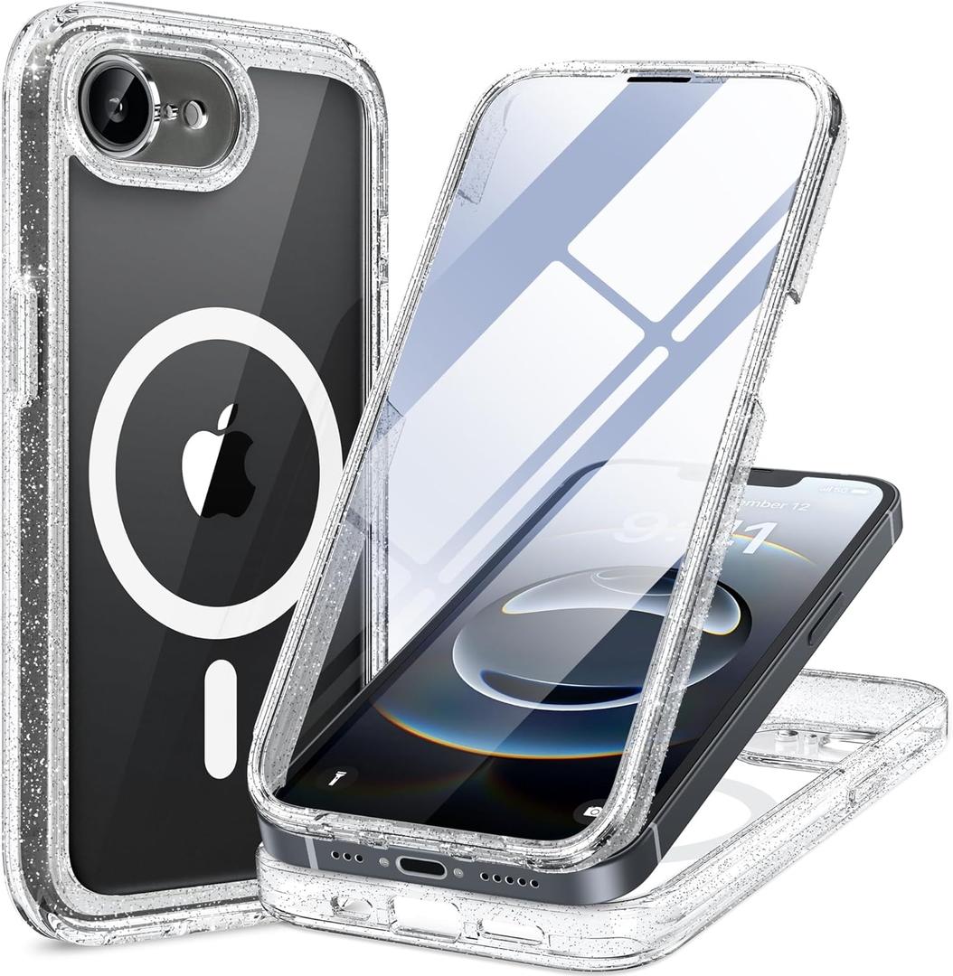 Miracase for iPhone 17e Case & iPhone 16e Case, Full-Body Phone with Built-in Glass Screen Protector, [Magnetic with MagSafe] Military Drop Proof 17 E/ 16 E Cover Bumper 6.1 inch, Clear Glitter