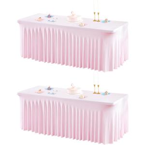 2 Packs Pink Table Clothes for 6 Foot Rectangle Tables, One-Piece Wrinkle Resistant Stretch Spandex Table Covers with Skirt for Event Banquet Wedding Birthday Party