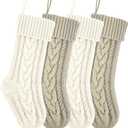 18 Inches Ivory and Khaki Knit Christmas Stockings Bulk Double Side Vintage Family Xmas Stockings for Fireplace and Home Decor,4 Pack