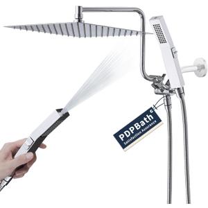 PDPBath All Metal Rainfall Shower Head with Handheld, 12'' High Pressure Rain Shower Head with Adjustable Extension Arm Z-shaped, 79" Extra Long Hose, 3-Way Diverter, Chrome 