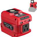 220W Power Inverter Compatible with Milwaukee 18V Battery, DC 18V to AC 110V Portable Power Station with 1 AC Outlet, 2 USB Ports & 1 Type-C Fast Charging, 400LM LED Work Light (1-PACK, Red)