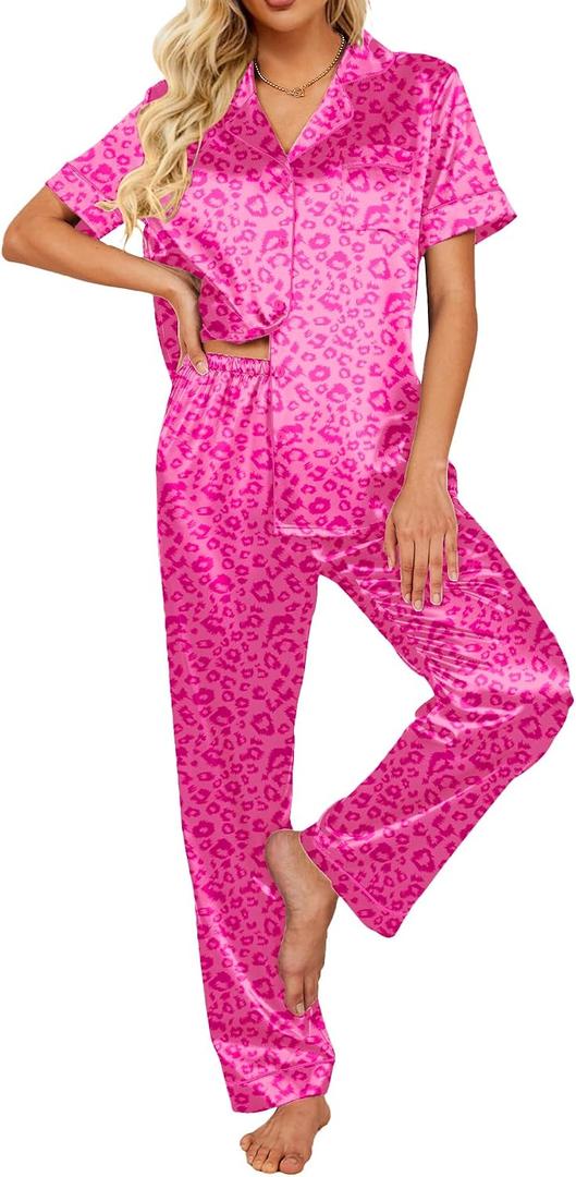 Ekouaer Silk Satin Pajamas Set Women Short Sleeve Sleepwear Soft Button Down Loungewear Pjs Set (Pink, M)