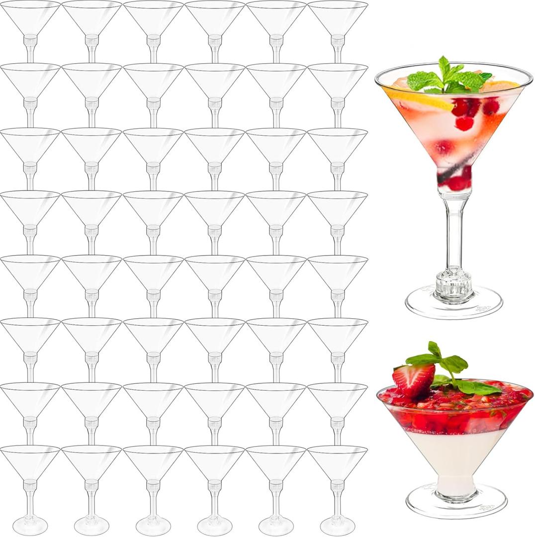 50 Pack Plastic Martini Glasses, 5 Oz Disposable Cocktail Glasses, Unbreakable Tall Stemed Wine Glasses for Party Wine, Champagne, Margarita