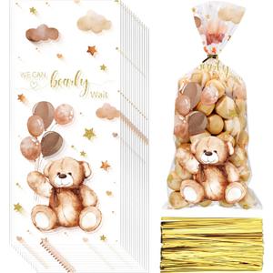 Maitys 100 Pieces Bear Treats Cellophane Bags Treats Bags Plastic Goodie Candy Bags with Gold Twist Ties Gift Bags for Boys Girls Favor, Brown, Cute Style