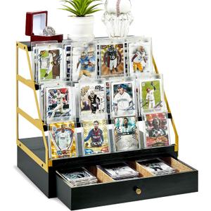 Poyilooo Trading Card Display, 3-Tier Baseball Card Storage with Drawer, Wood Graded Card Display, Sports Card Display Case for Card Game Collection-Trading Card Holder Christmas Gifts (Blackgold)