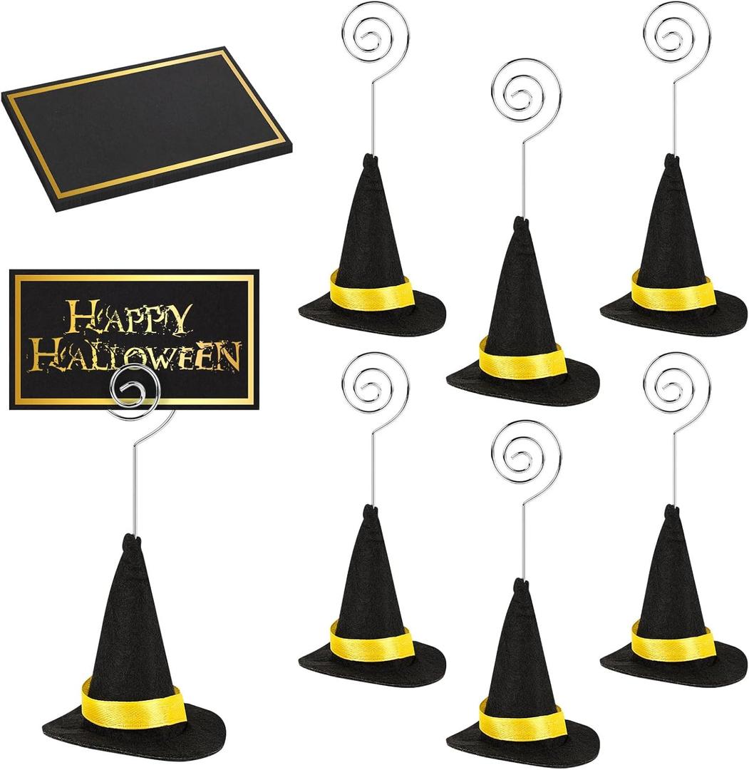 6 Set Felt Halloween Place Card Holders with 6 Pcs Place Cards and 6 Pcs Witch Hats Place Card Holders Table Number Photo Holder Table Decor for Halloween Party Wedding Birthday Decorations
