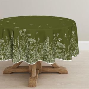Horaldaily Spring Summer Tablecloth 7070 Inch Round, Wild Flowers Floral Moss Green Washable Seasonal Table Cover for Party Picnic Dinner Decor