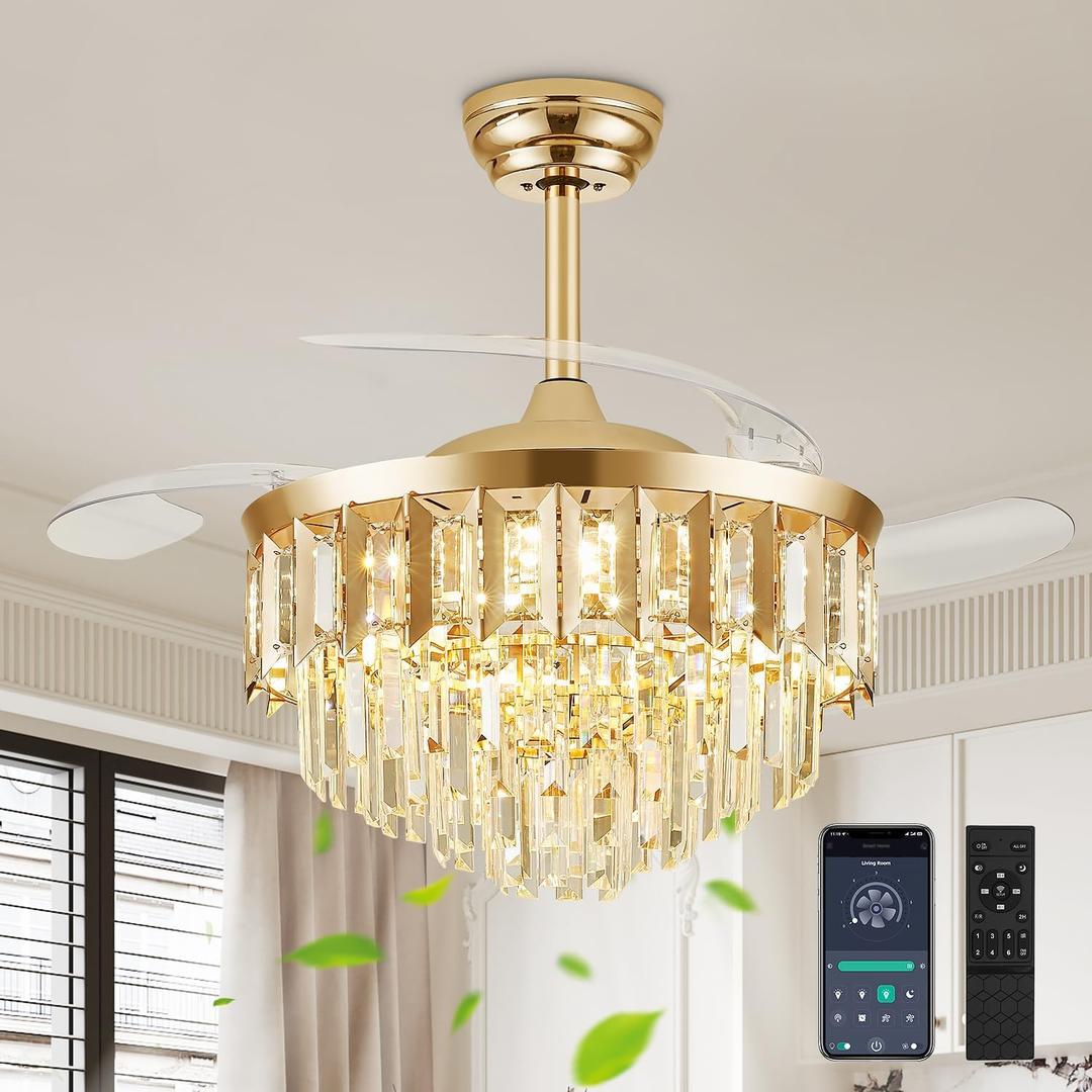 42" Fandelier Ceiling Fan with Light, Crystal Chandelier Fan with Retractable Blades LED Dimmable Crystal Ceiling Fan Chandelier for Bedroom Living Room Dining Room-Gold