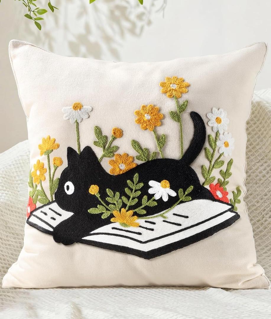 Embroidered Throw Pillow Cover 18x18 Inch - Summer Decorative Animal Pillow Covers with Zipper for Couch Sofa Bedroom Farmhouse Living Room Cushion Pillowcase, Cat Floral