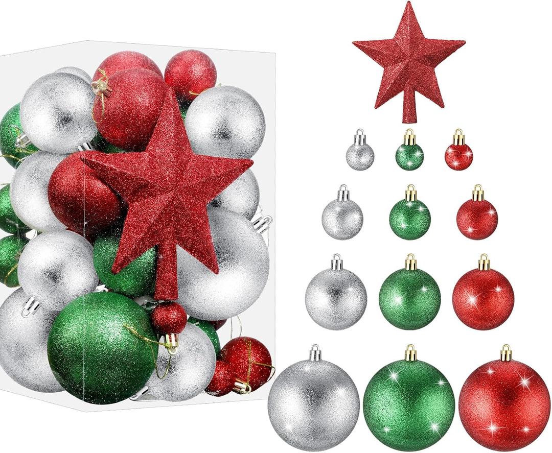 Outus 61 Pcs Glitter Christmas Ball Tree Ornament Set Shatterproof Hanging Ornaments Ball Bulk Plastic Xmas Tree Star Topper for Holiday Wedding Birthday Party Decorations(Red Green Silver)